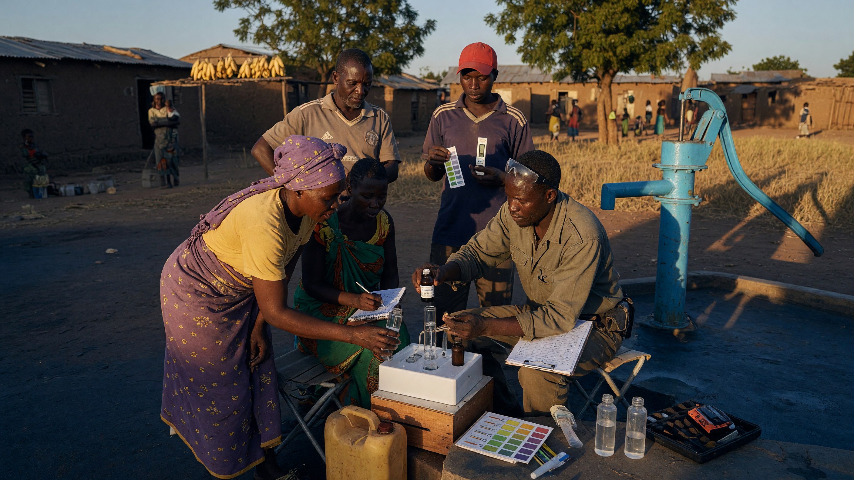 Community members and a technician testing well water quality