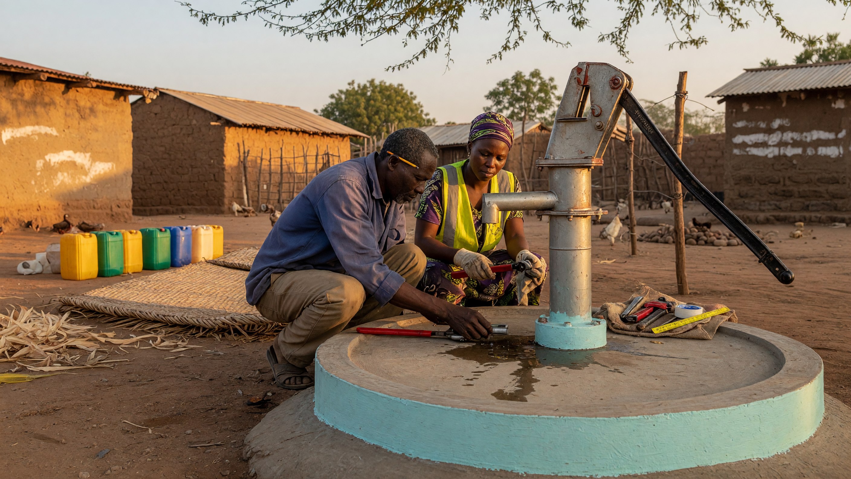 Local technicians inspecting a community water well